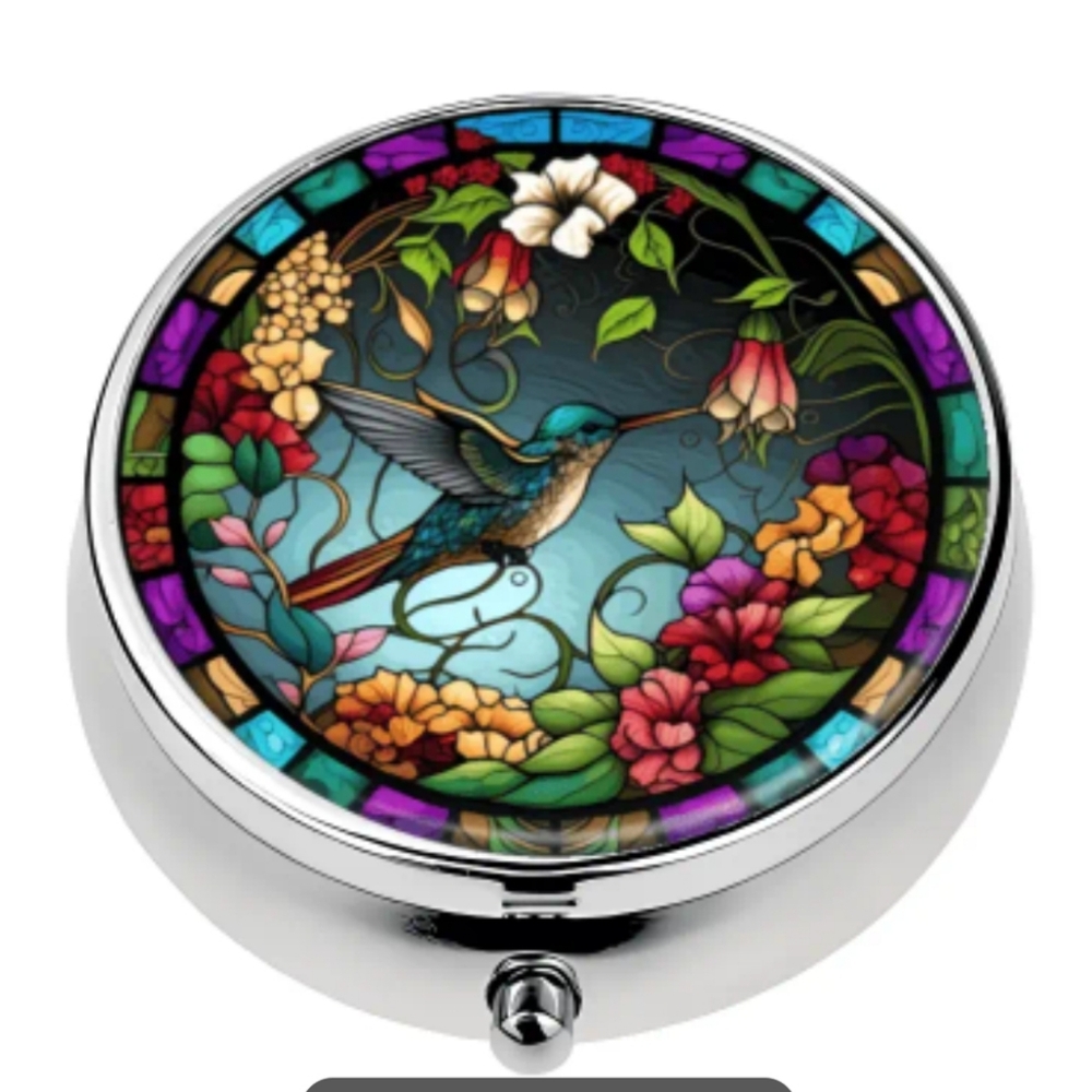 🆕️💊 HUMMINGBIRD PORTABLE METAL PILL BOX ORGANIZER WITH MIRROR💊